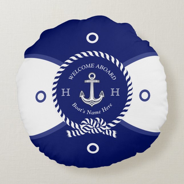Custom Navy Blue Anchor Life Ring Nautic Rundes Kissen (Rückseite)