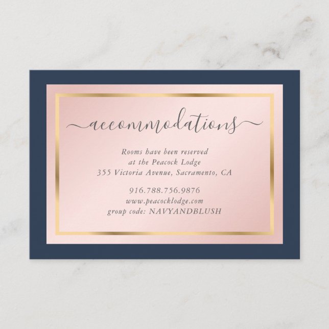 Custom Navy Blue Blush Gold Hochzeitsunterkunft Begleitkarte (Vorderseite)