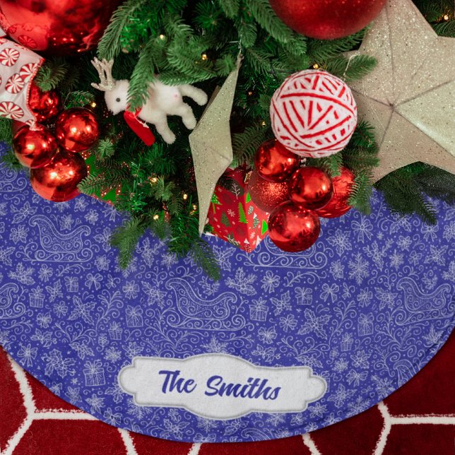 Custom Navy Blue Doodle Weihnachts-Schlitten-Muste Polyester Weihnachtsbaumdecke (Von Creator hochgeladen)