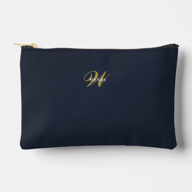 Custom Navy Blue Gold Monogram Minimal Clean Zubehörtasche (Vorderseite)