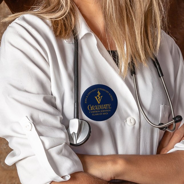 Custom Navy Blue Gold Veterinary School Abschluss Button (Von Creator hochgeladen)