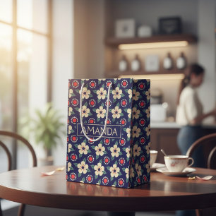 Custom Navy Blue mit Creme Blume Geschenktasche Mittlere Geschenktüte