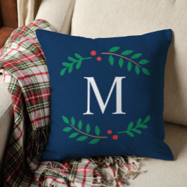 Custom Navy Blue Monogram Laurel Wreath Holiday Kissen