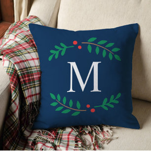 Custom Navy Blue Monogram Laurel Wreath Holiday Kissen