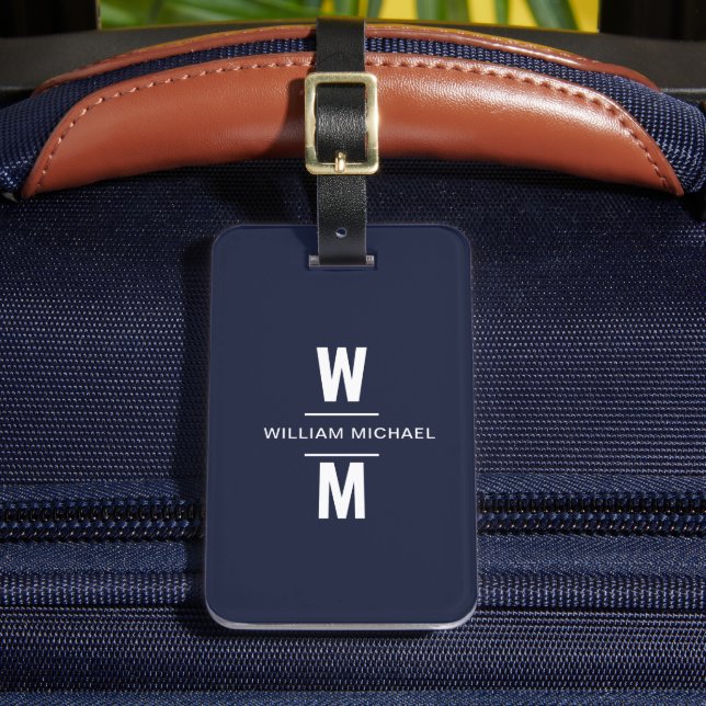 Custom Navy Blue Simple Modern Minimal Monogram Gepäckanhänger (Vorderseite Insitu 2)