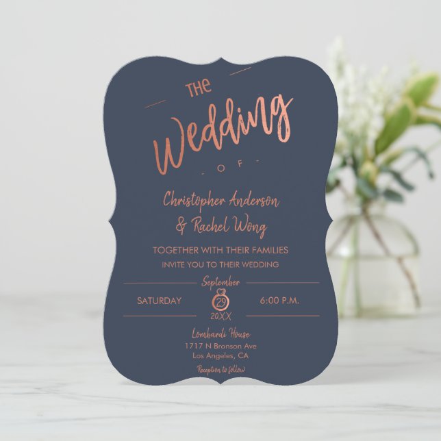 Custom Navy Blue Simple Script Rose Gold Wedding Einladung (Stehend Vorderseite)