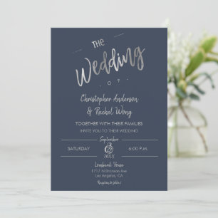 Custom Navy Blue Simple Script Silver Foil Hochzei Einladung
