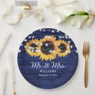 Custom Navy Blue Sunflower Rustic Wood Wedding Pappteller