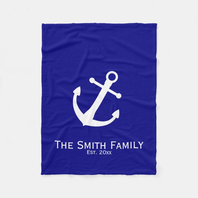 Custom Navy Blue und White Nautical Anchor Blanket Fleecedecke (Vorderseite)