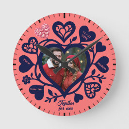 Custom Navy Coral Photo Heart Clock Runde Wanduhr