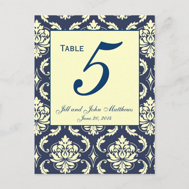 Custom Navy Damask Wedding Tischnummer 2 (Vorderseite)