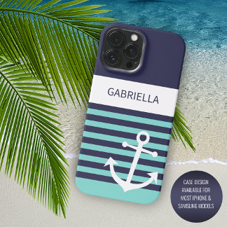 Custom Navy Dark Blue White Aqua Türkis Stripes iPhone 15 Pro Max Hülle
