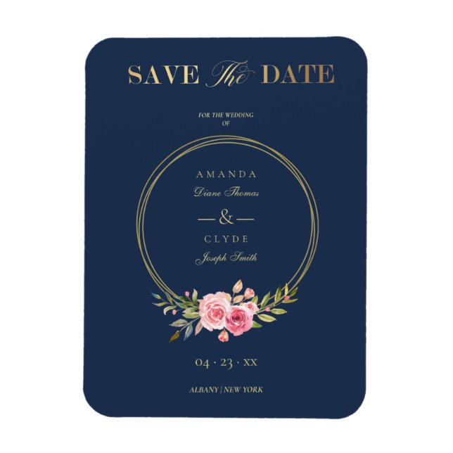 Custom Navy Elegante Pink Garland Wreath Hochzeit Magnet (Vertikal)