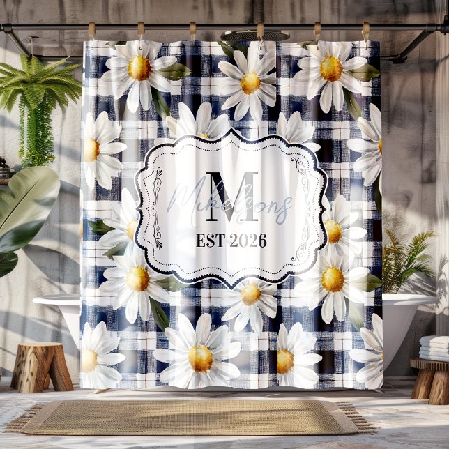 Custom Navy Gingham Daisy Monogram Duschvorhang (Von Creator hochgeladen)