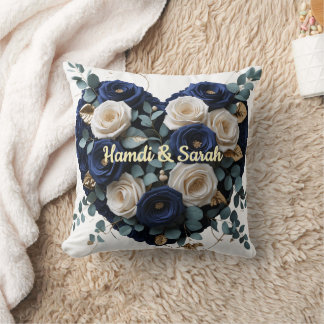 Custom Navy Gold Floral Monogram Heart Pillow Kissen
