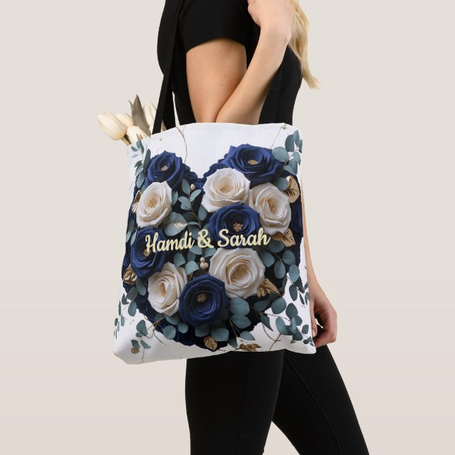 Custom Navy Gold Floral Monogram Heart Tote Bag (Von Nahem)
