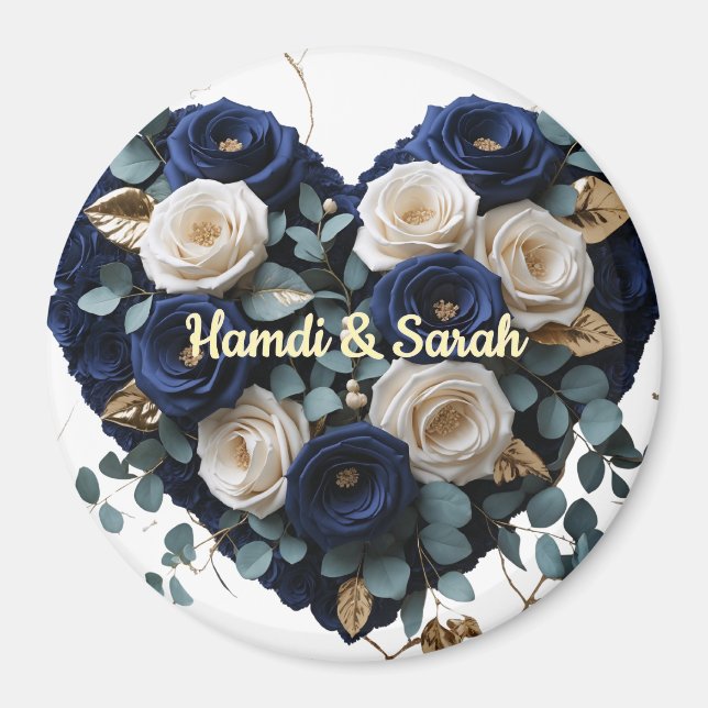 Custom Navy Gold Floral Monogram Round Magnet (Vorne)