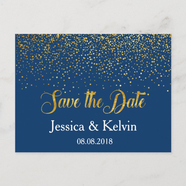 Custom Navy Gold Foil Confetti Save the Date Ankündigungspostkarte (Vorderseite)