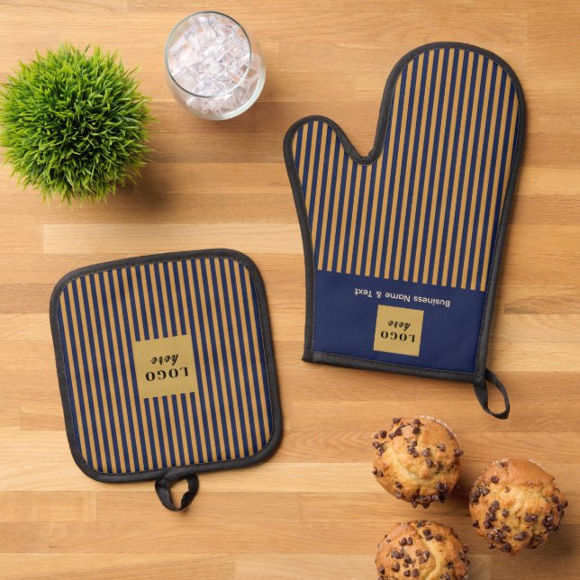 Custom Navy & Gold Strip Ofenhandschuh & Topflappen-Set (Oben Unten)