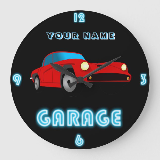 Custom NEON GARAGE Clock ADD Business Name Cars 3 Große Wanduhr (Vorderseite)