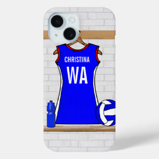 Custom Netball Uniform Blue mit Rot und Weiß iPhone 15 Hülle