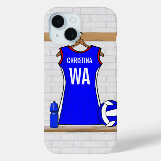 Custom Netball Uniform Blue mit Rot und Weiß iPhone 15 Hülle