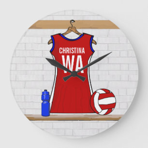 Custom Netball Uniform Red with Blue and White Große Wanduhr