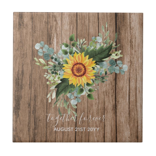 Custom Newlywings Rustic Sunflowers Eucalyptus Lea Fliese (Vorderseite)