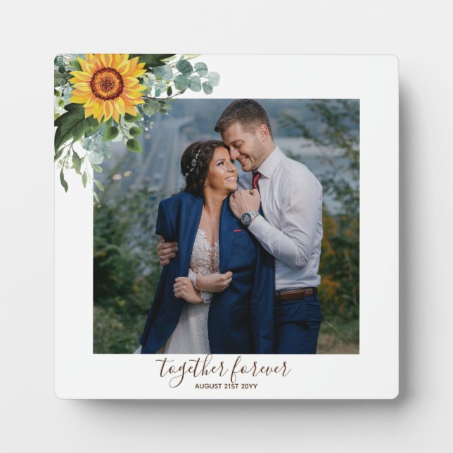 Custom Newlywings Rustic Sunflowers Eucalyptus Lea Fotoplatte (Vorderseite)