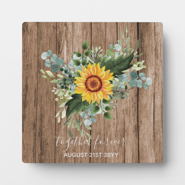 Custom Newlywings Rustic Sunflowers Eucalyptus Lea Fotoplatte (Vorderseite)