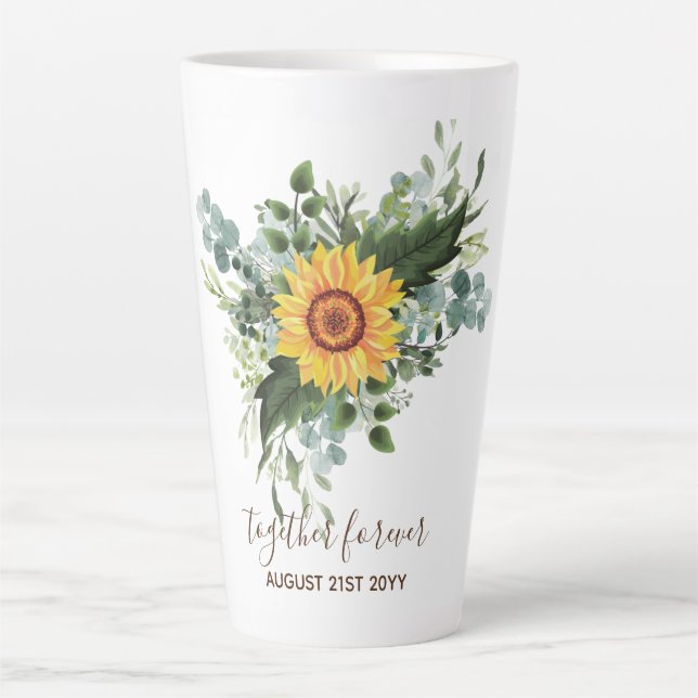 Custom Newlywings Rustic Sunflowers Eucalyptus Lea Milchtasse (Vorderseite)