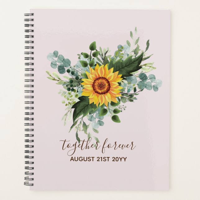 Custom Newlywings Rustic Sunflowers Eucalyptus Lea Planer (Vorderseite)