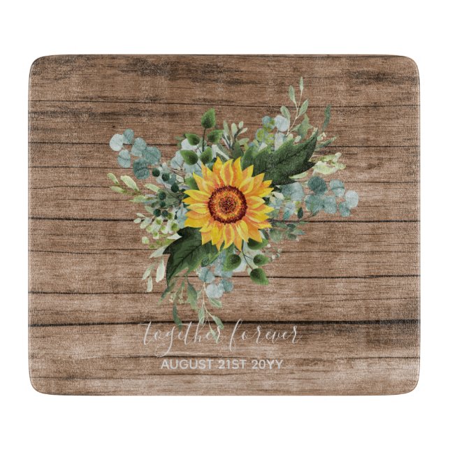 Custom Newlywings Rustic Sunflowers Eucalyptus Lea Schneidebrett (Vorderseite)