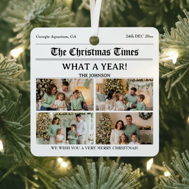 Custom Newspaper Style Family Christmas Foto Ornament Aus Metall (InSitu)