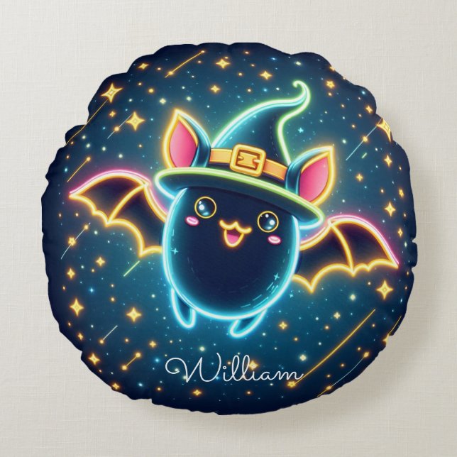 Custom Niedlich Bat Witch's Hat Halloween Kinderzi Rundes Kissen (Vorderseite)
