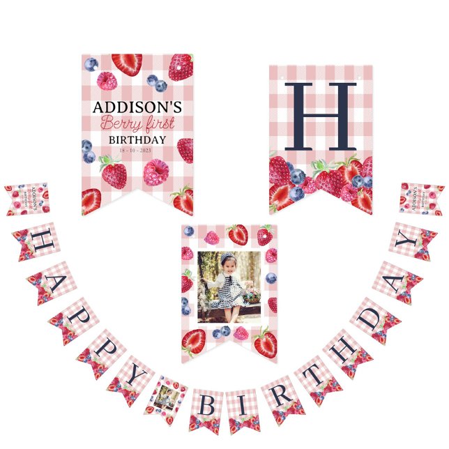 Custom Niedlich Berry First Birthday Pink Kariert Wimpelkette (Von Creator hochgeladen)
