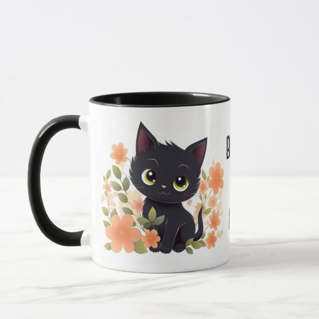 Custom Niedlich Black Kitten mit Blume Tasse (Links)