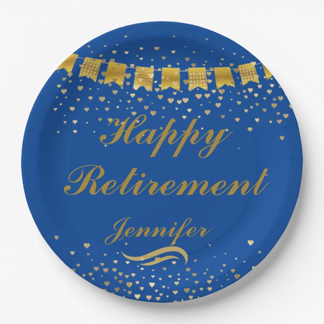 Custom Niedlich Blue and gold Happy Retirement Pappteller (Vorderseite)