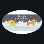 Custom Niedlich Christmas Bunny and Deer Illustrat Ovaler Aufkleber<br><div class="desc">Maßgeschneiderte Aufkleber mit bezaubernder Abbildung eines Hasen- und Babyhirsches,  das im Schnee spielt und "Frohe Weihnachten" wünscht.</div>