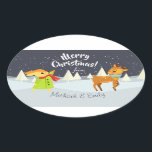 Custom Niedlich Christmas Bunny and Deer Illustrat Ovaler Aufkleber<br><div class="desc">Maßgeschneiderte Aufkleber mit bezaubernder Abbildung eines Hasen- und Babyhirsches,  das im Schnee spielt und "Frohe Weihnachten" wünscht.</div>