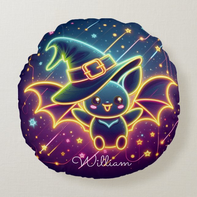 Custom Niedlich Halloween Bat Witch's Hat Kinderzi Rundes Kissen (Vorderseite)