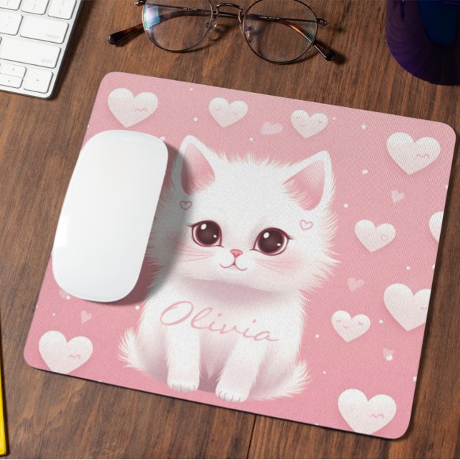 Custom Niedlich Kitten Valentine's Day White Pink Mousepad (Von Creator hochgeladen)