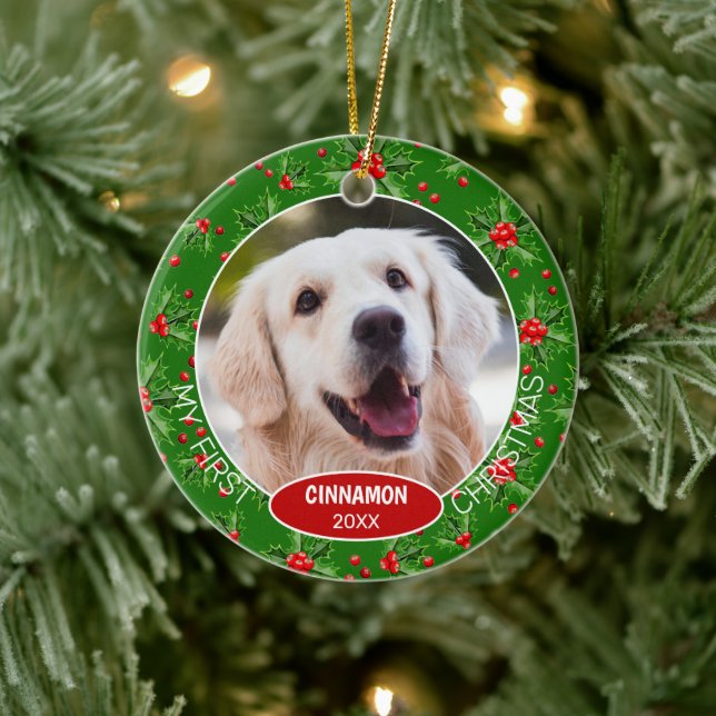 Custom Niedlich Pet Foto 1. Weihnachtsfest auf Hol Keramik Ornament (Baum)