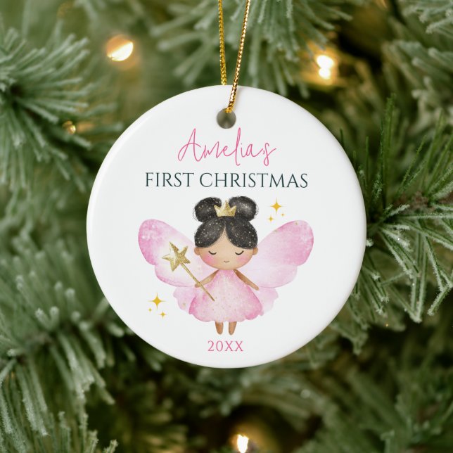 Custom Niedlich Pink Fairy Baby Girl 1. Weihnachte Keramik Ornament (Baum)