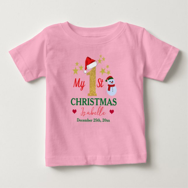 Custom Niedlich Pink Mein 1. Weihnachtsmann Weihna Baby T-shirt (Vorderseite)