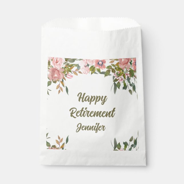 Custom Niedlich rosa Blumengrün Happy Retirement Geschenktütchen (Vorderseite)