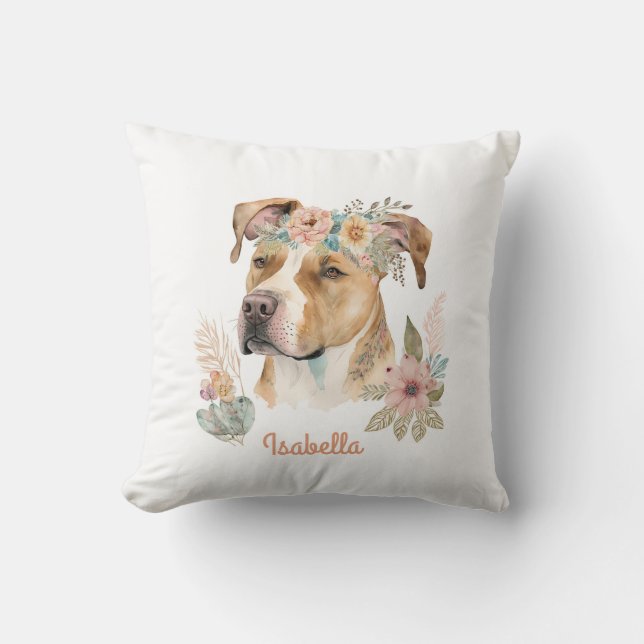 Custom Niedlich Watercolor Floral Boho Pitbull Dog Kissen (Vorderseite)