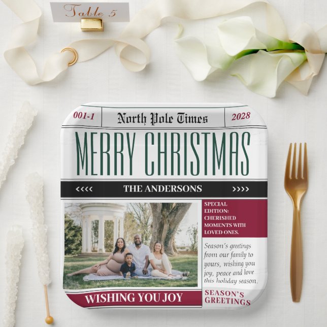 Custom North Pole Newspaper Weihnachtsfest-Foto Pappteller (Hochzeit)