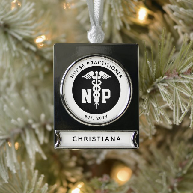 Custom NP Nurse Practitioner Abschluss Caduceus Banner-Ornament Silber (Baum)