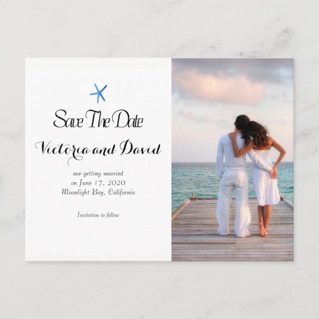 Custom Ocean Blue Beach Hochzeit Save the Date Ankündigungspostkarte (Vorderseite)
